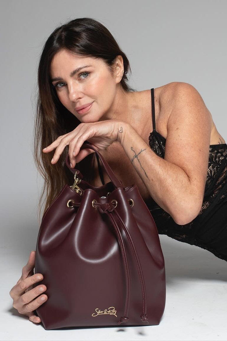 SSW - Madison Drawstring Leather Bucket Bag in Maroon Burgundy - Silver & Riley
