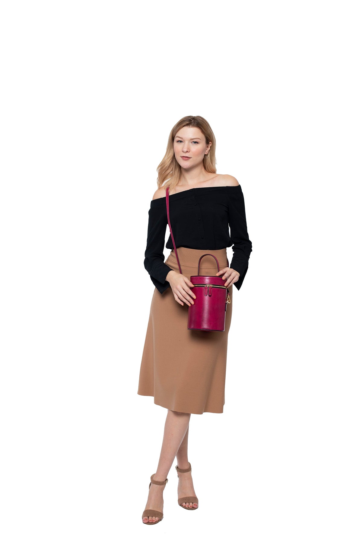 SSW - Cylindrical Bucket Leather Bag in Sangria Red - Silver & Riley