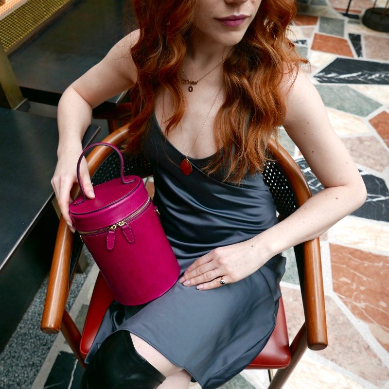 SSW - Cylindrical Bucket Leather Bag in Sangria Red - Silver & Riley