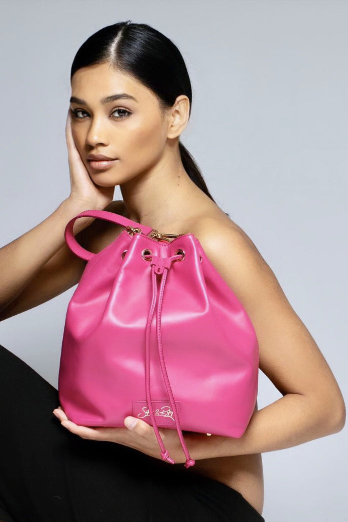 SSW - Madison Drawstring Leather Bucket Bag in Pink