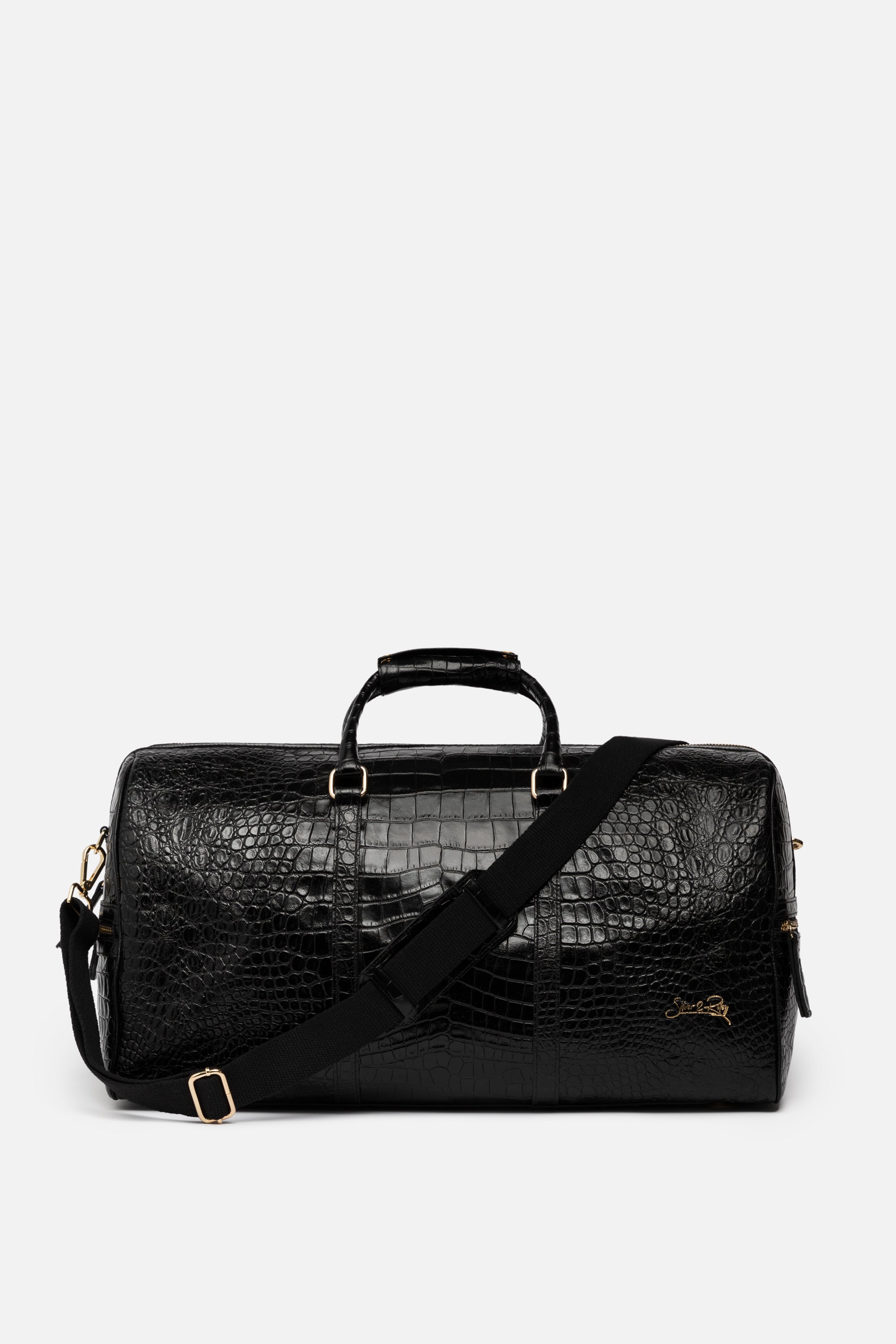 Beverly Hills Carryall Duffle Leather Bag in Crocodile Print Black Noir