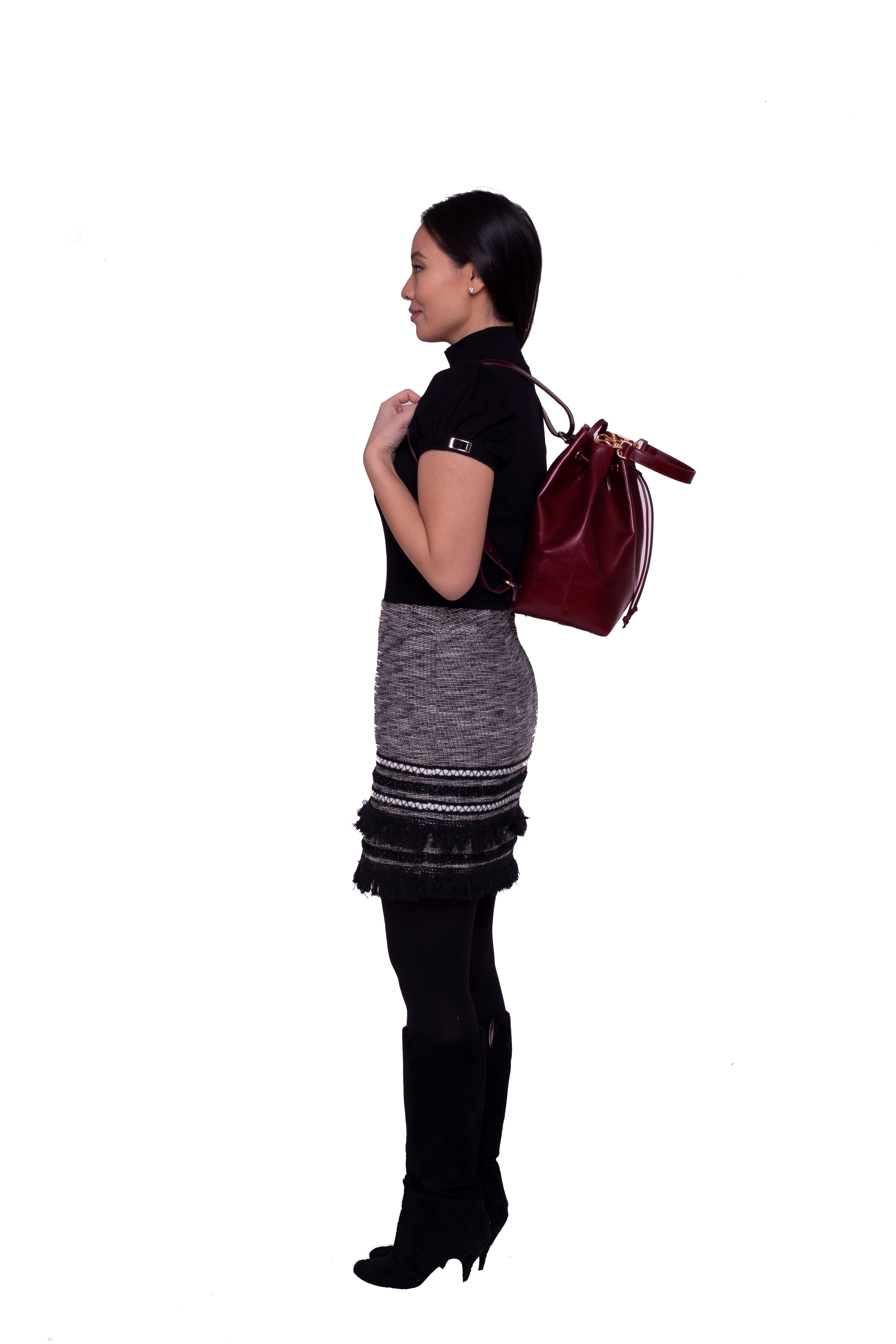 SSW - Madison Drawstring Leather Bucket Bag in Pink - Silver & Riley