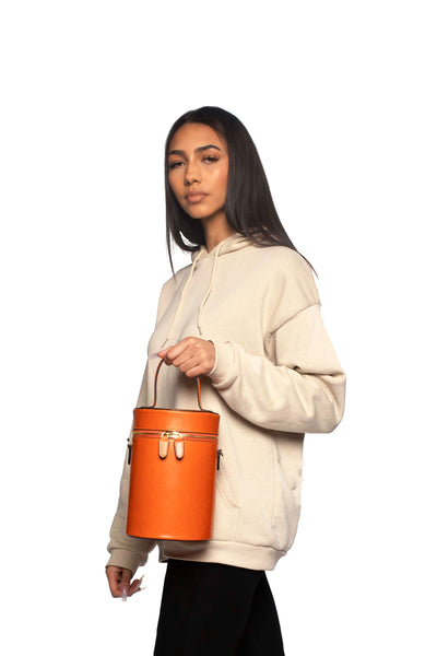 Cylinder Bucket Leather Bag in Mandarin Orange | Silver & Riley
