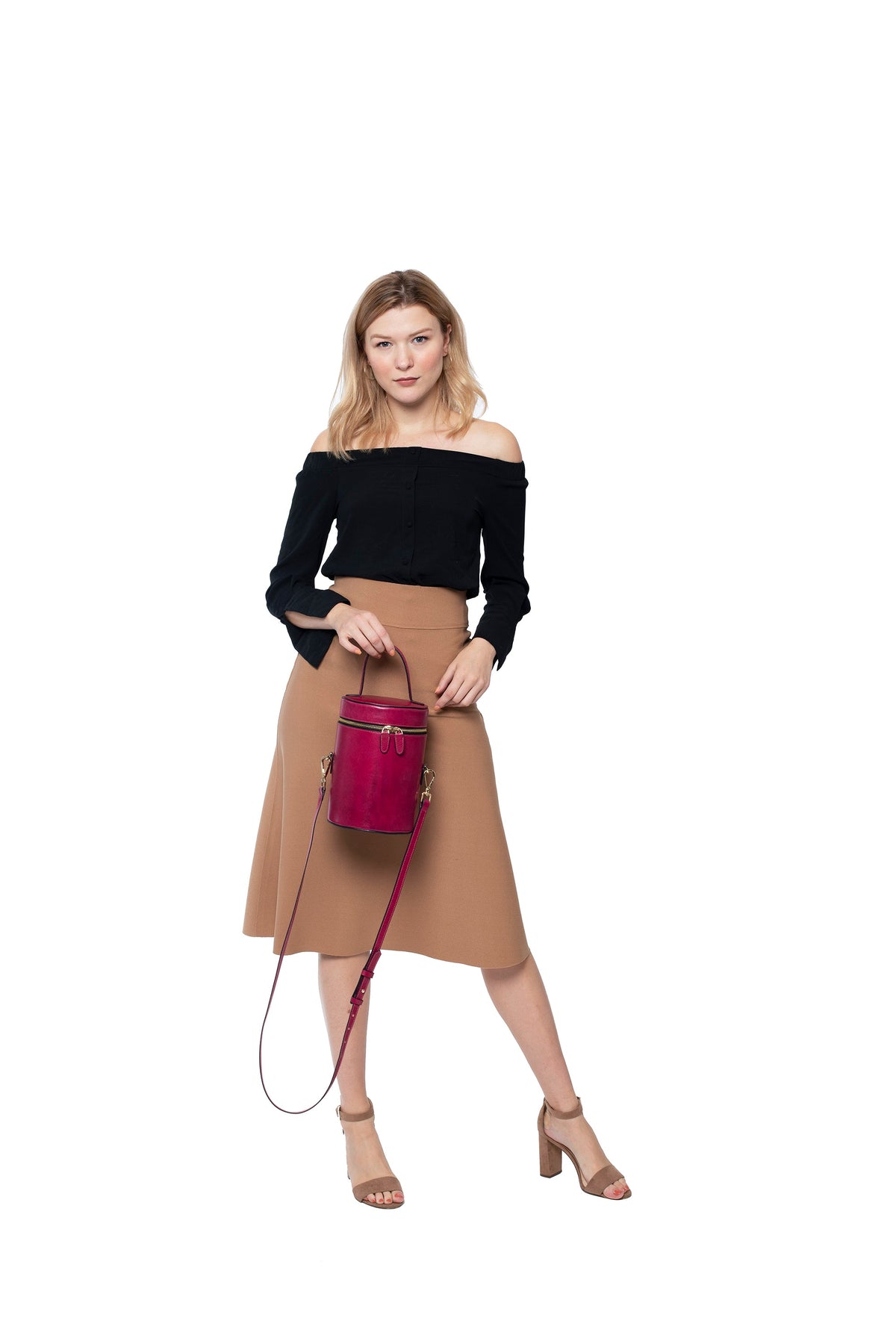 SSW - Cylindrical Bucket Leather Bag in Sangria Red - Silver & Riley