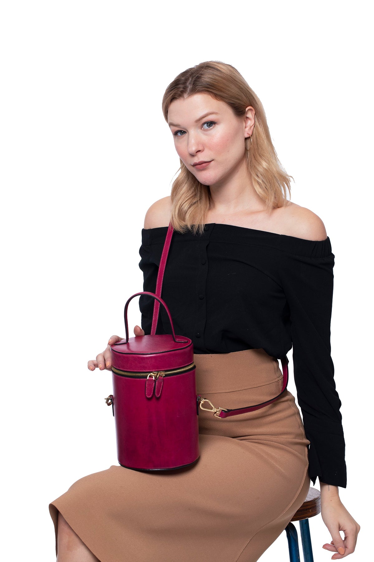 SSW - Cylindrical Bucket Leather Bag in Sangria Red - Silver & Riley