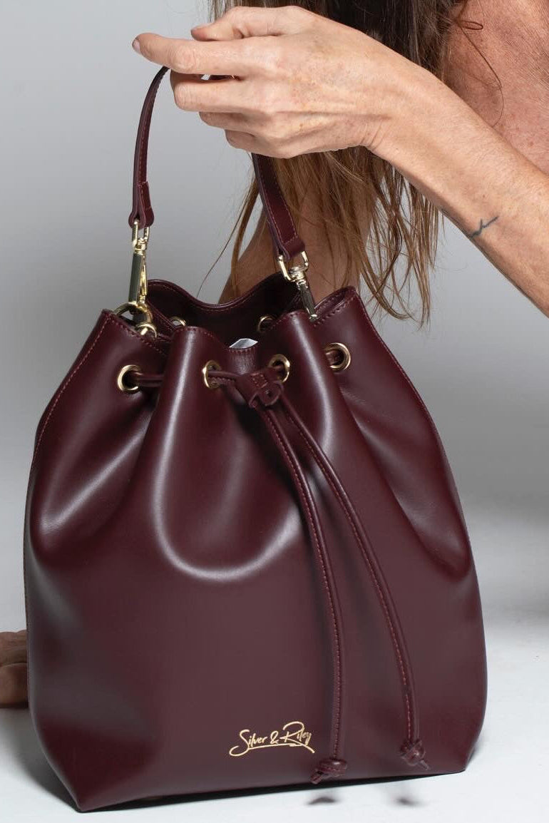 SSW - Madison Drawstring Leather Bucket Bag in Maroon Burgundy - Silver & Riley