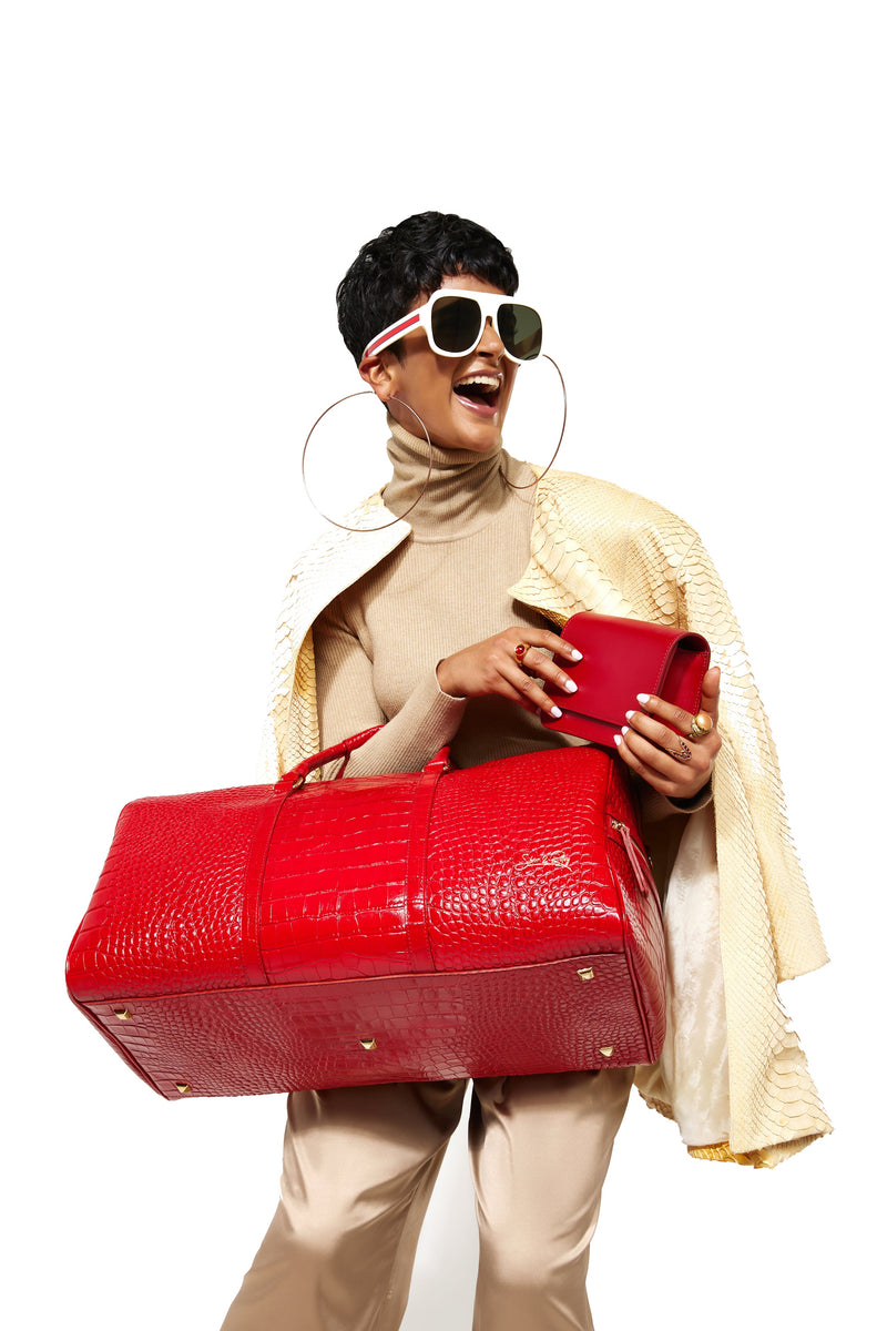 Carryall Duffle Leather Bag in Crocodile Print Fiery Red