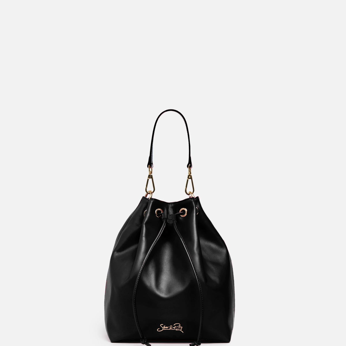 Madison Drawstring Leather Bucket Bag in Black