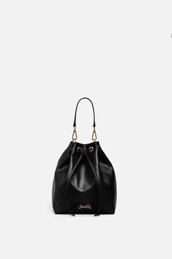 Madison Drawstring Leather Bucket Bag in Black