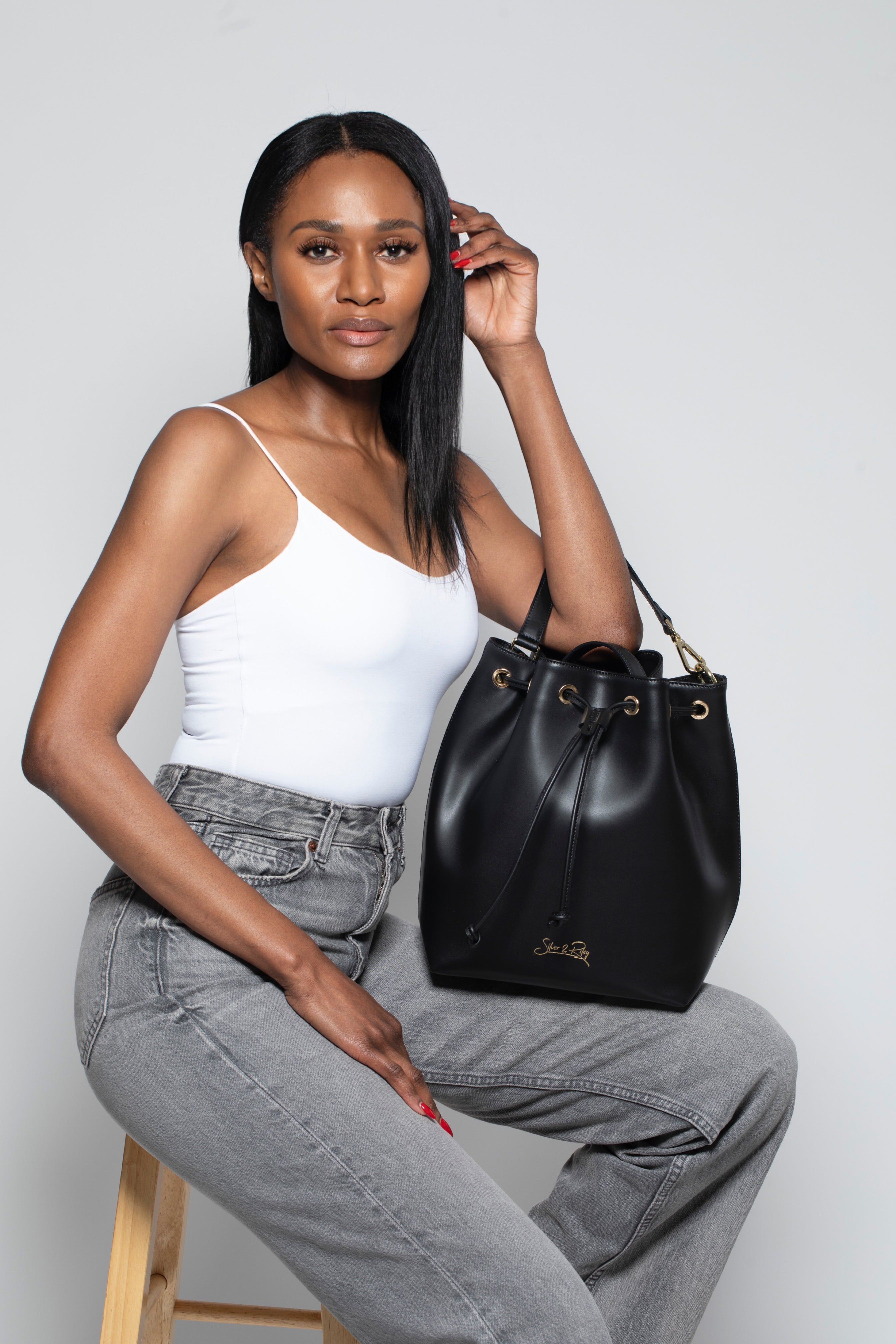 NWT! Black Drawstring Leather hotsell Bucket Bag