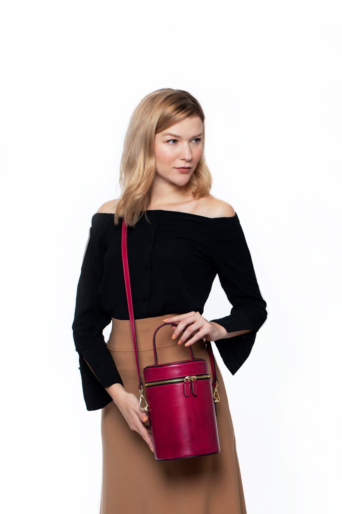 Cylindrical Bucket Bag in Sangria - Silver & Riley