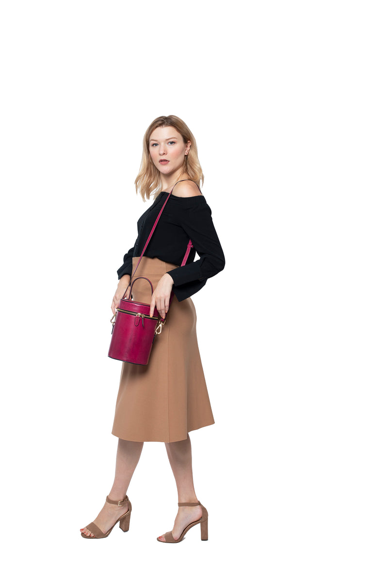 Cylindrical Bucket Leather Bag in Sangria Red
