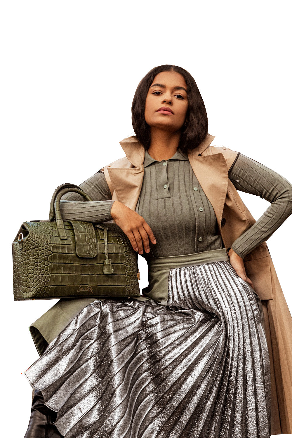Convertible Executive Leather Bag in Crocodile Print Matte Green - Silver & Riley