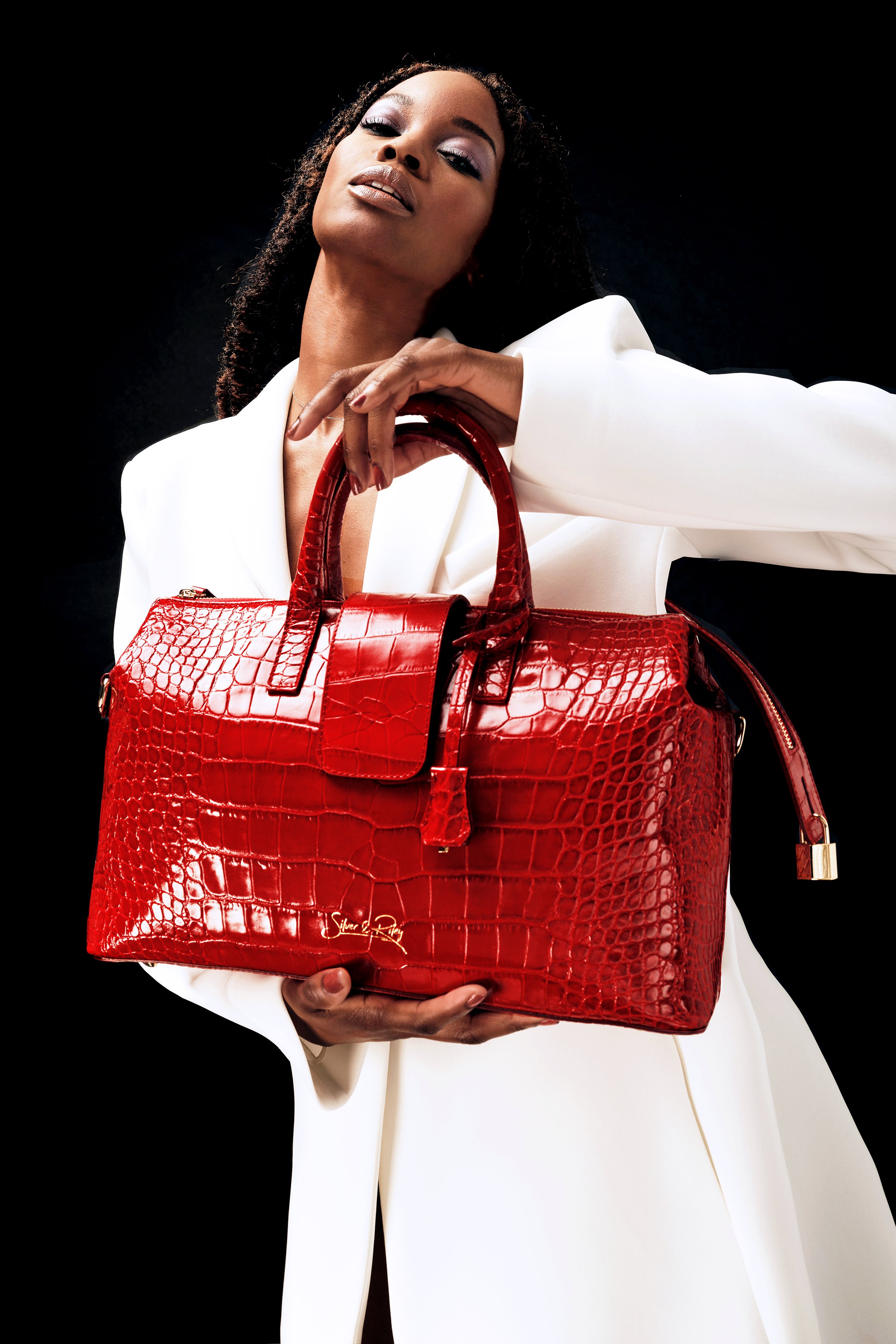 Convertible Executive Leather Bag in Crocodile Print Fiery Red