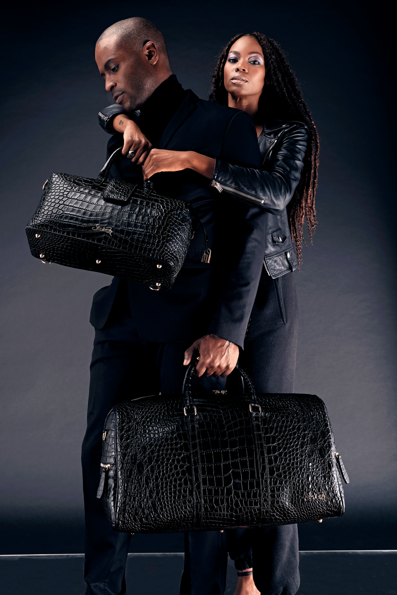 SSW - Convertible Executive Leather Bag in Noir Crocodile Print Black