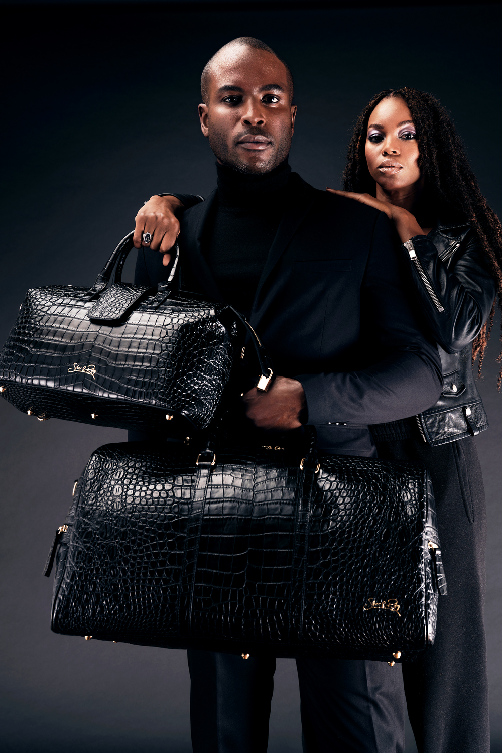 Beverly Hills Carryall Duffle Leather Bag in Crocodile Print Black Noir - WAITLIST