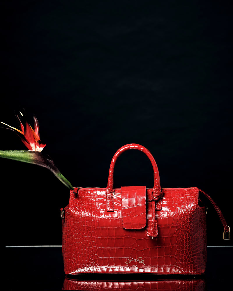 Convertible Executive Leather Bag in Crocodile Print Fiery Red