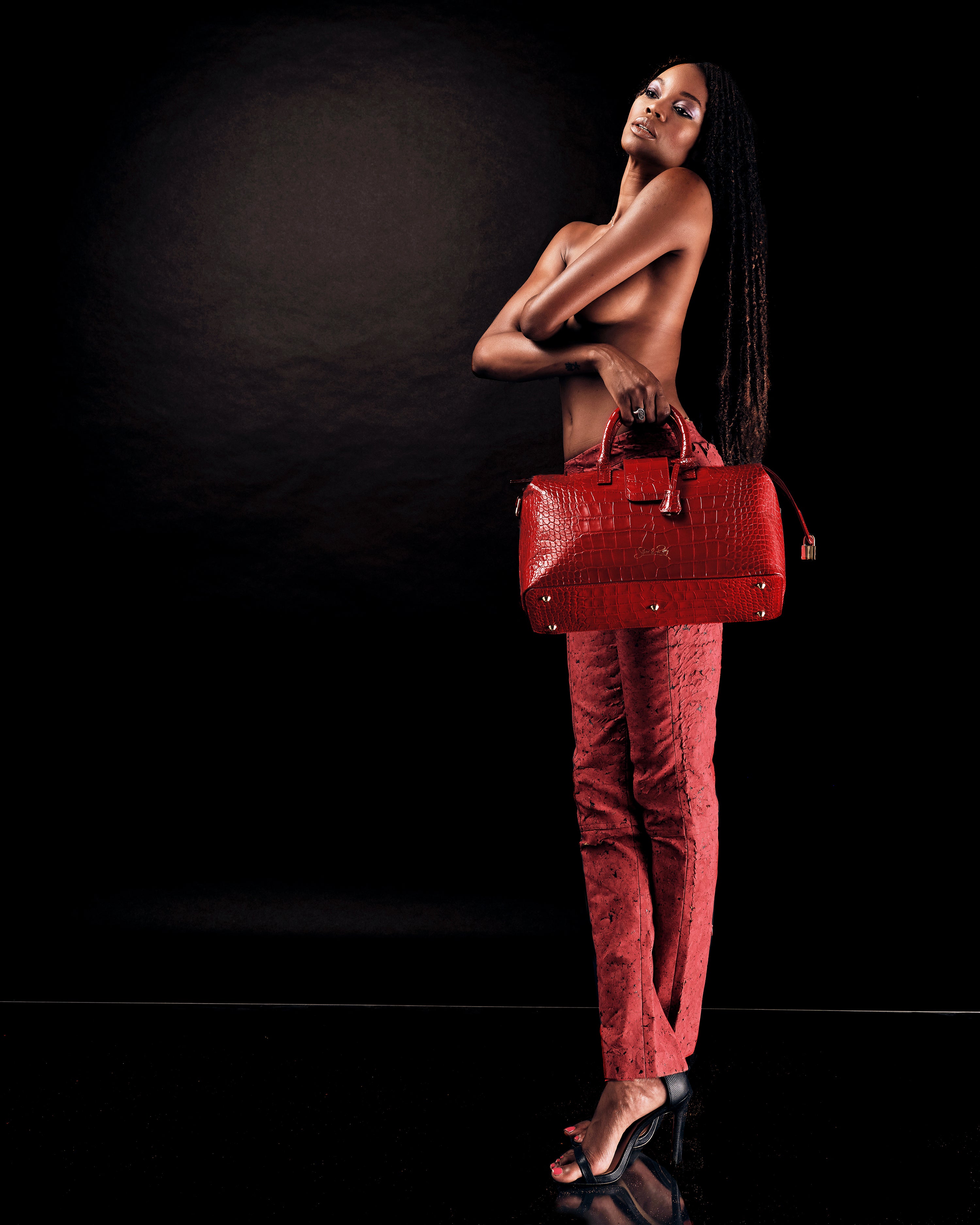 Convertible Executive Leather Bag in Crocodile Print Fiery Red