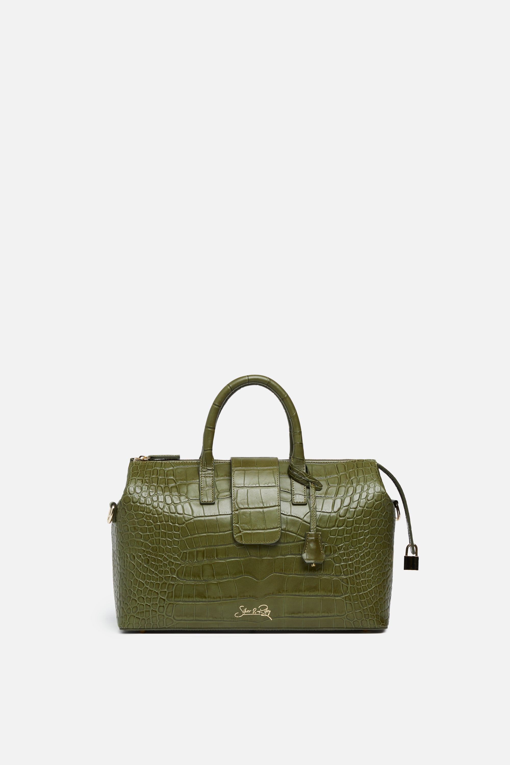 Convertible Executive Leather Bag in Crocodile Print Matte Green - Silver & Riley