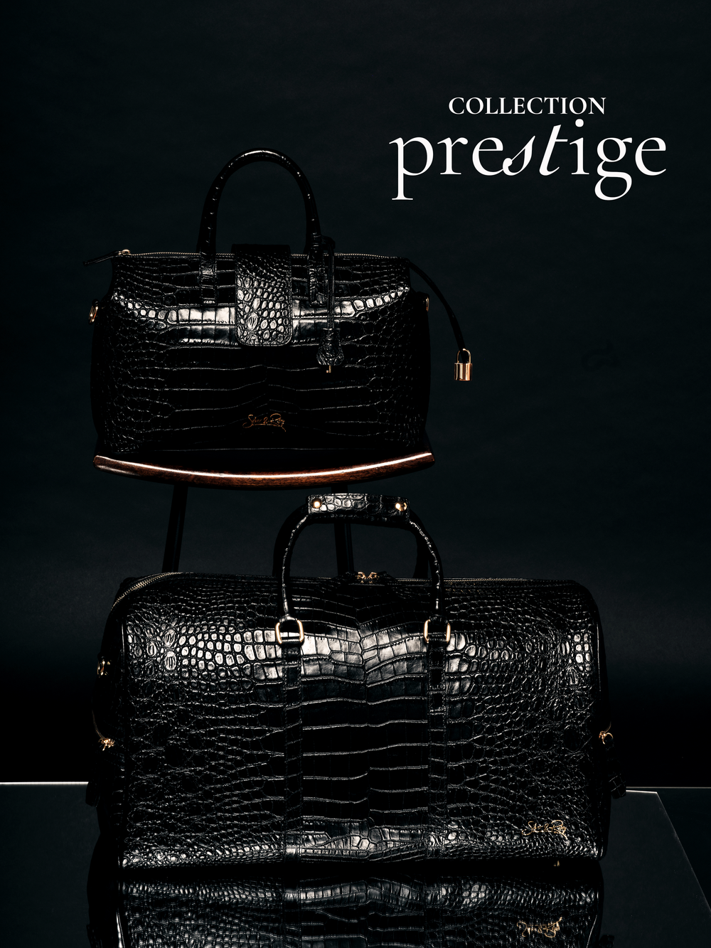 Beverly Hills Carryall Duffle Leather Bag in Crocodile Print Black Noir - WAITLIST