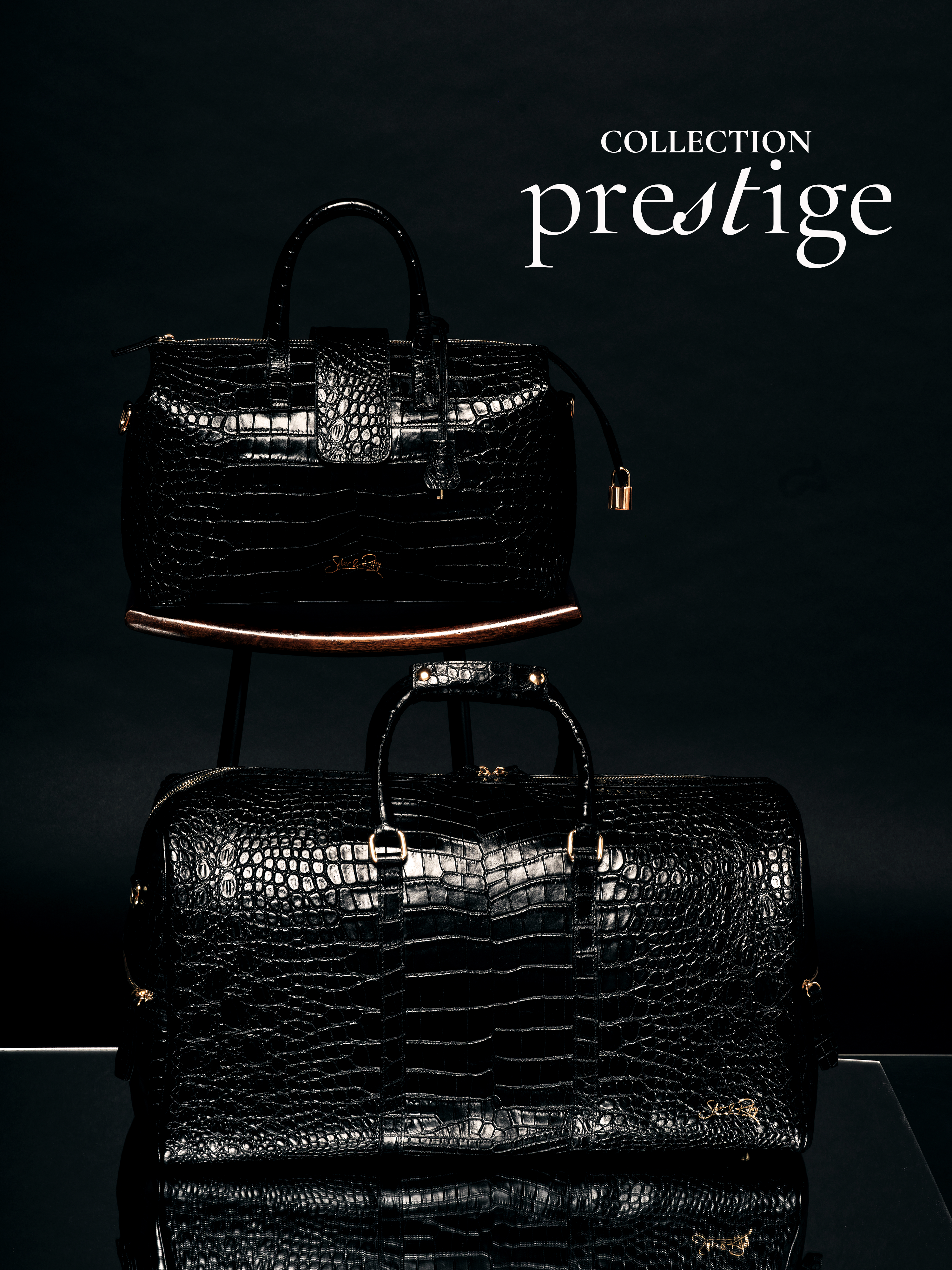 Beverly Hills Carryall Duffle Leather Bag in Crocodile Print Black Noi