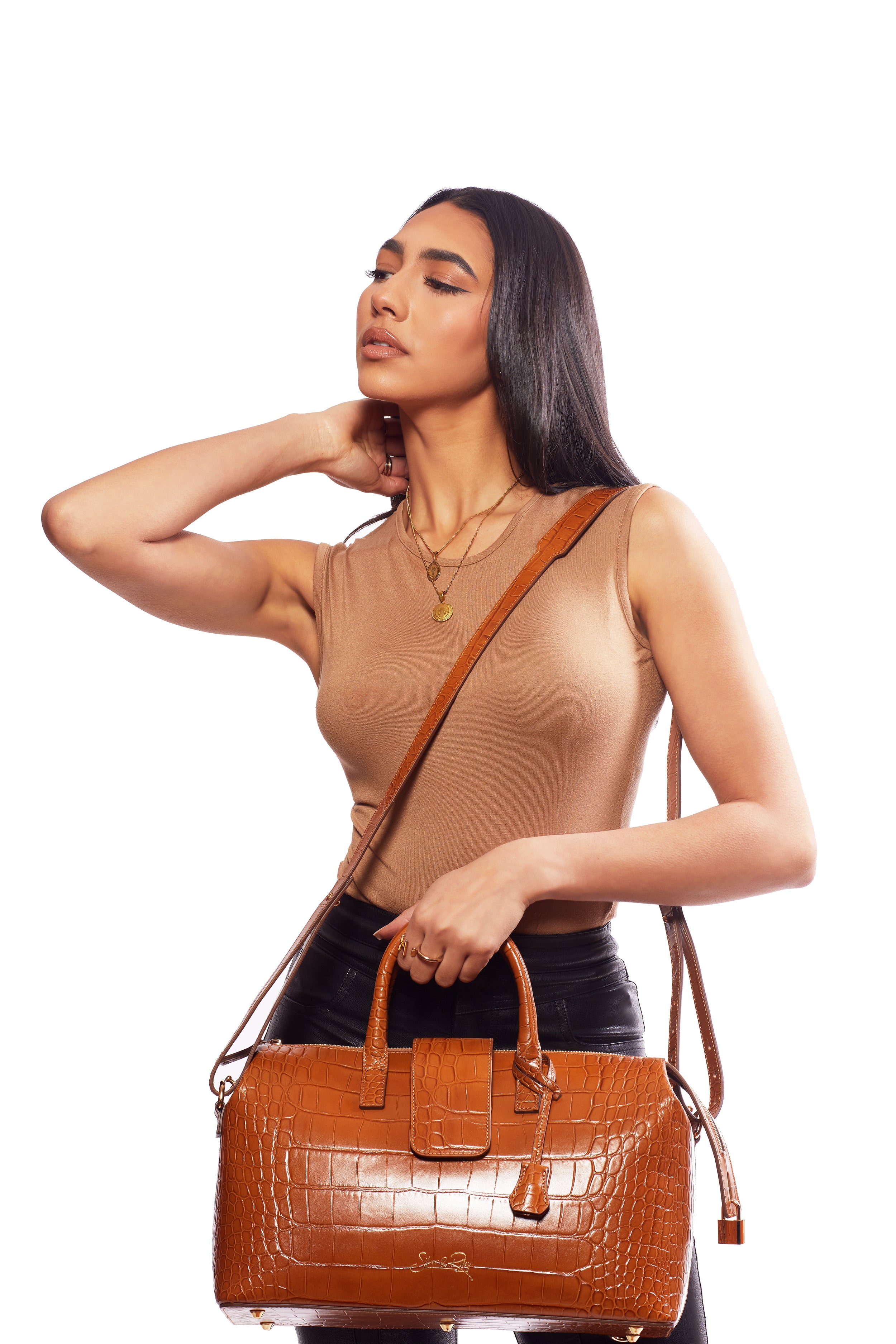 Convertible Executive Leather Bag in Crocodile Print Camel - WAITLIST