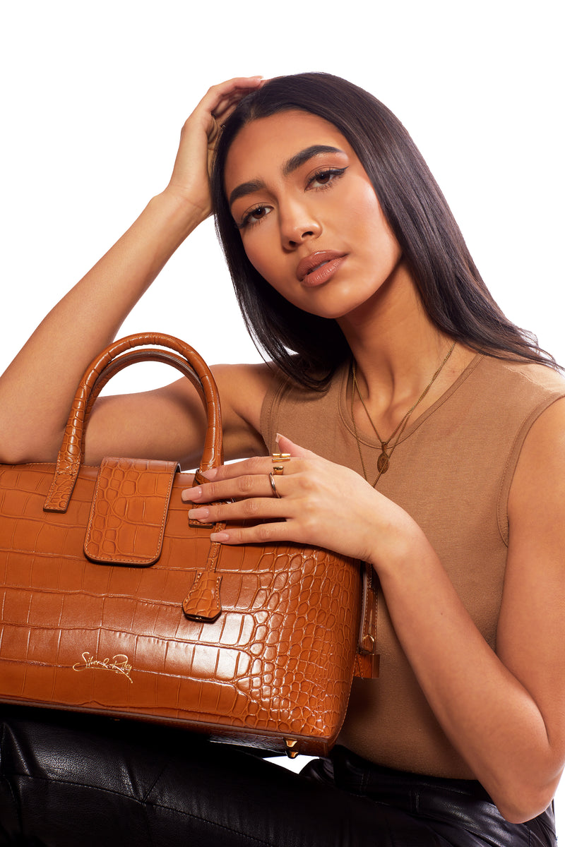 Convertible Executive Leather Bag In Crocodile Camel By Silver & Riley