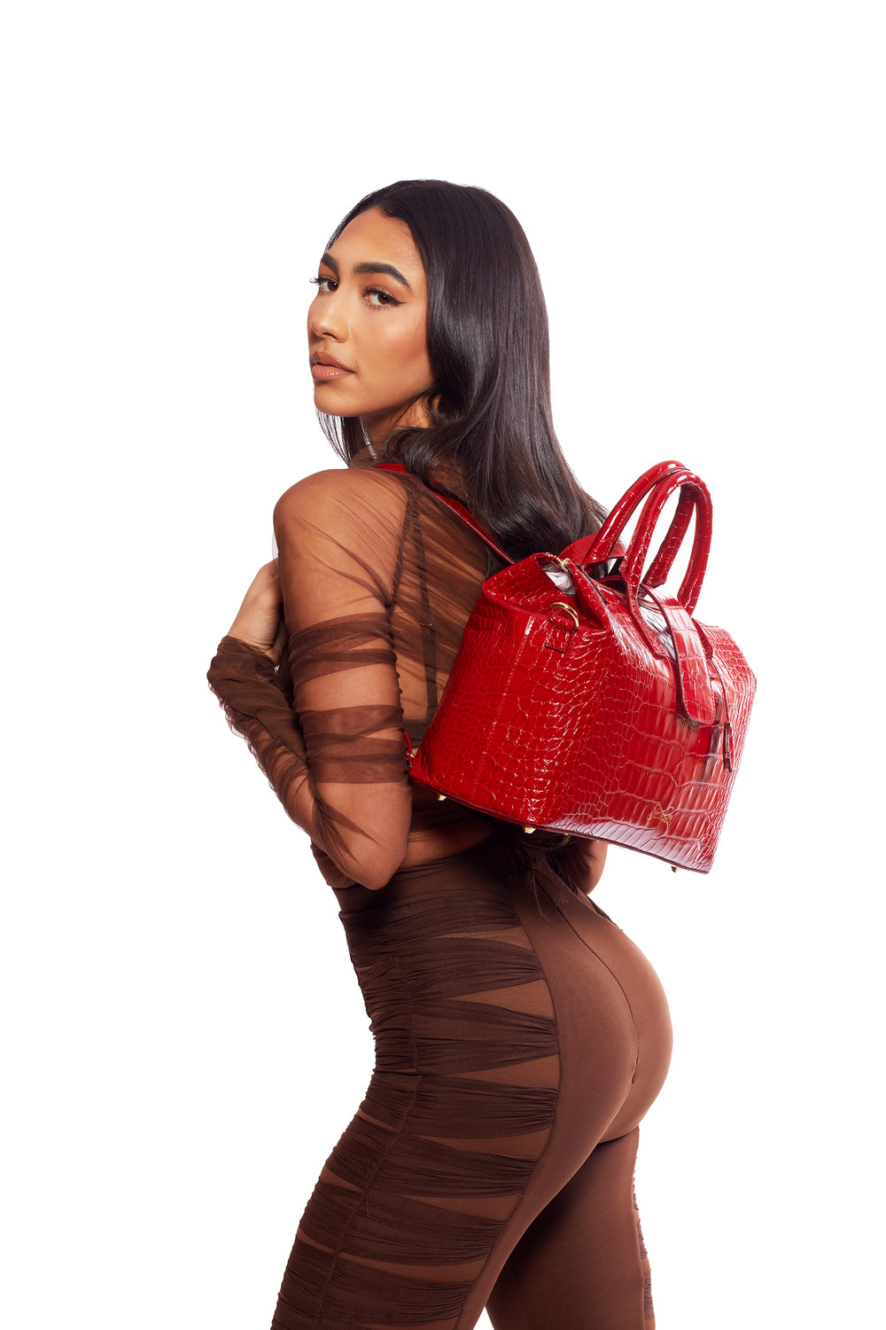 Convertible Executive Leather Bag in Crocodile Print Fiery Red - WAITLIST