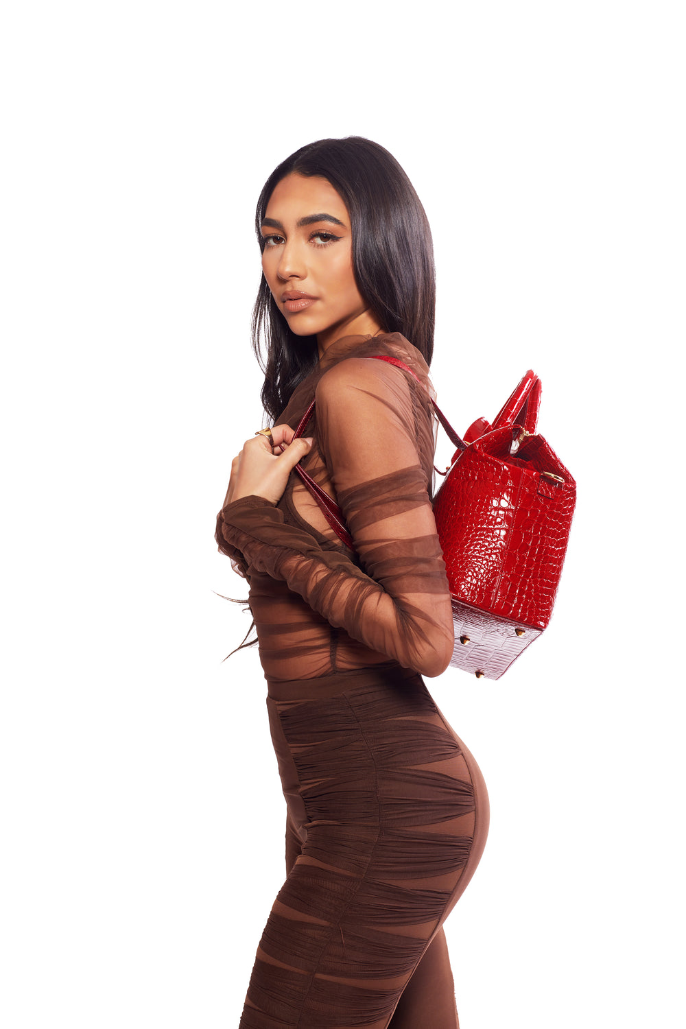 Convertible Executive Leather Bag in Crocodile Print Fiery Red - WAITLIST