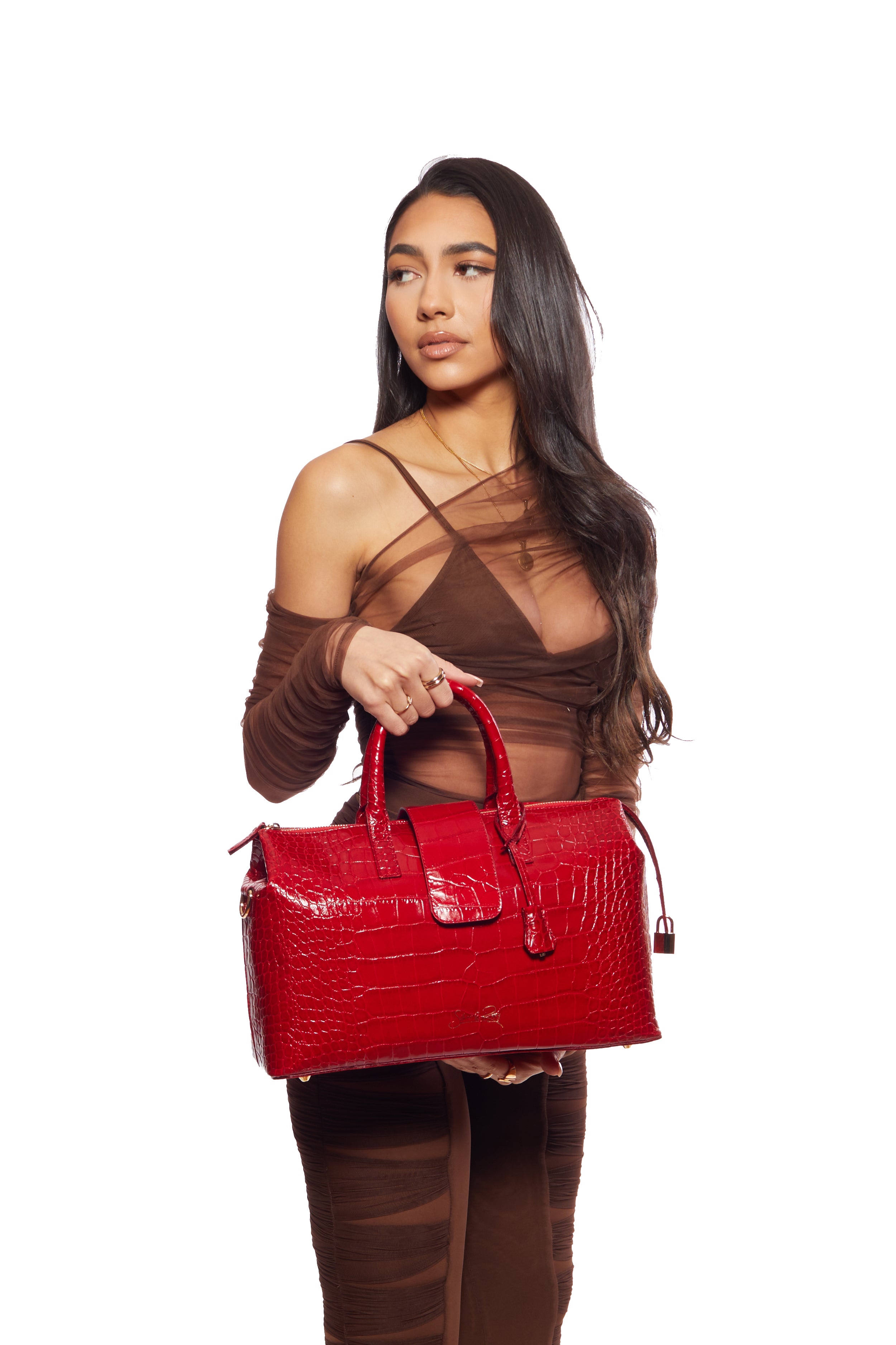 Convertible Executive Leather Bag in Crocodile Print Fiery Red