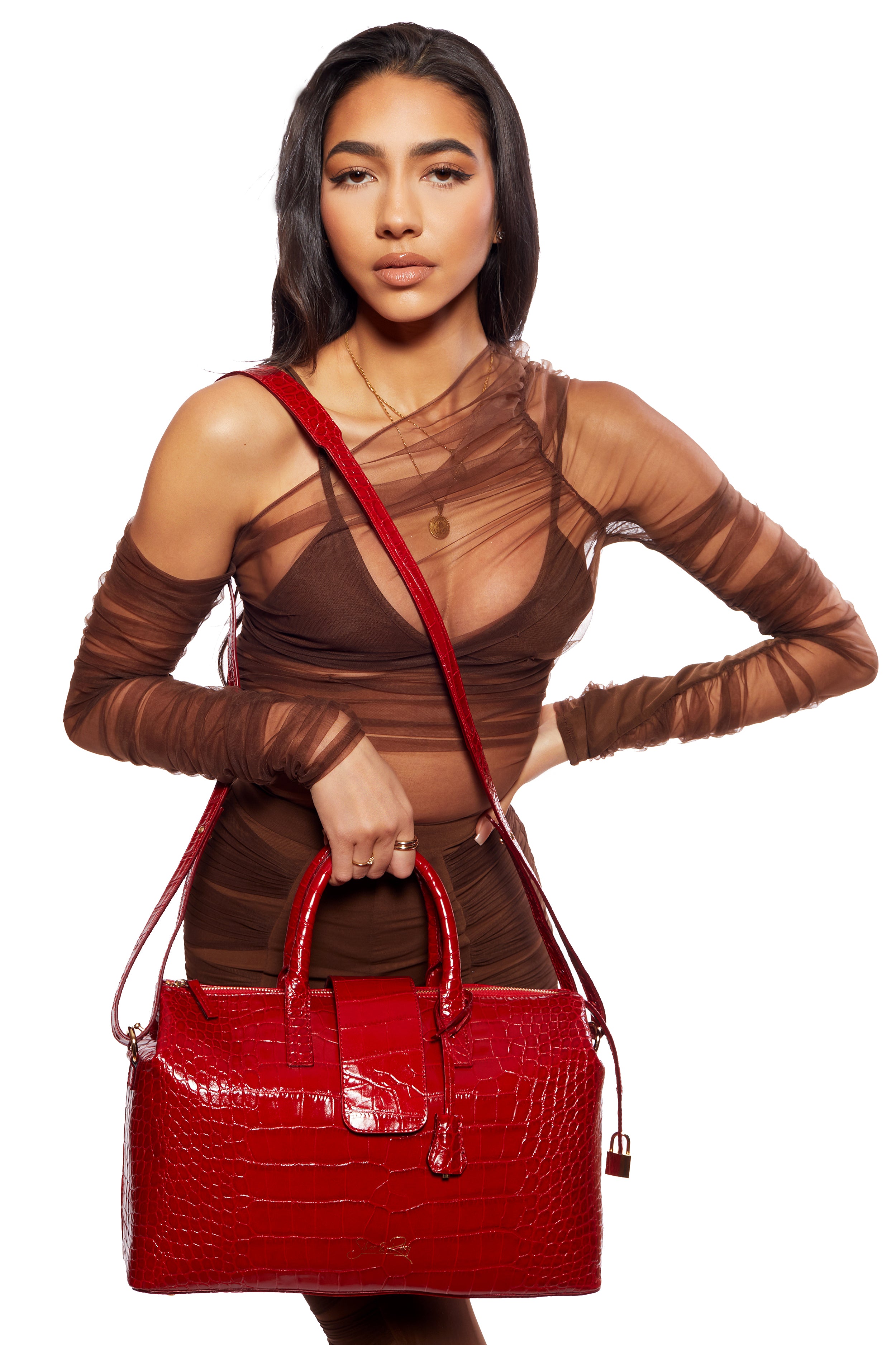 Convertible Executive Leather Bag in Crocodile Print Fiery Red